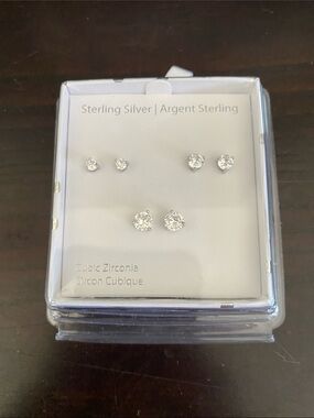 Sterling Silver Cubic Zirconia Stud Three Earring Sets